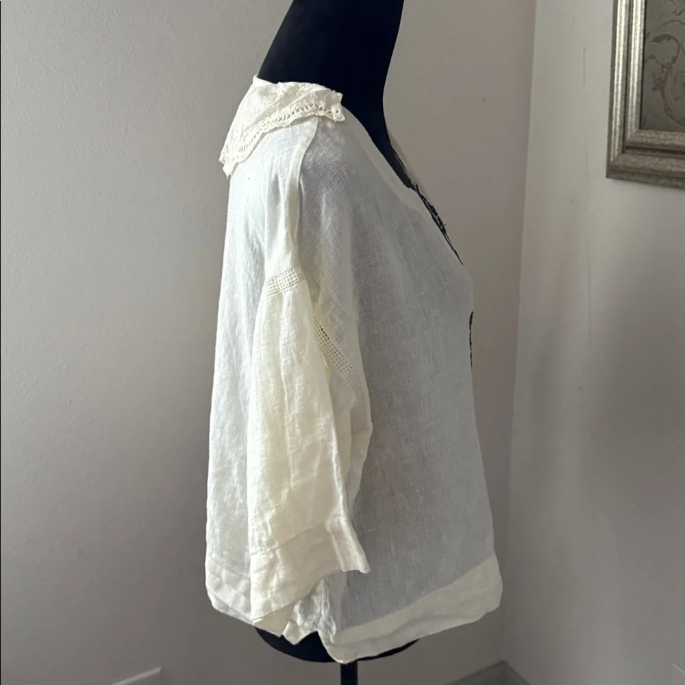 Plenty by Tracy Reese Embroidered boho ivory boxy split neck‎ lace collar Top